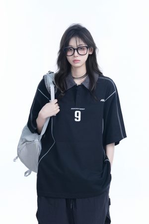 Oversized Black Short Sleeve T-Shirt for Women with American Street Style Collar and Quote, Casual Y2K Fashion Top