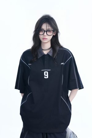 Oversized Black Short Sleeve T-Shirt for Women with American Street Style Collar and Quote, Casual Y2K Fashion Top