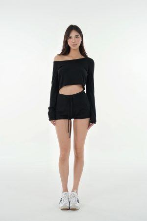 Oversized Collar Rolled Hem Short Sleeve Top & Knitted Shorts Set - Chic Casual Loungewear for Effortless Style
