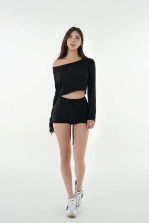 Oversized Collar Rolled Hem Short Sleeve Top & Knitted Shorts Set - Chic Casual Loungewear for Effortless Style