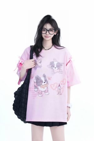 Oversized Cute Bow Half-Sleeve T-Shirt for Women - Sweet Short-Sleeve Tee with Mountain Graphic, Trendy Casual Style
