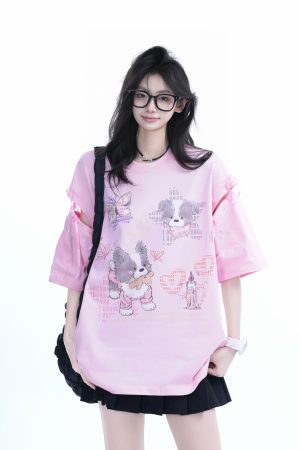 Oversized Cute Bow Half-Sleeve T-Shirt for Women - Sweet Short-Sleeve Tee with Mountain Graphic, Trendy Casual Style