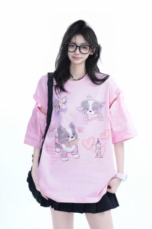 Oversized Cute Bow Half-Sleeve T-Shirt for Women - Sweet Short-Sleeve Tee with Mountain Graphic, Trendy Casual Style