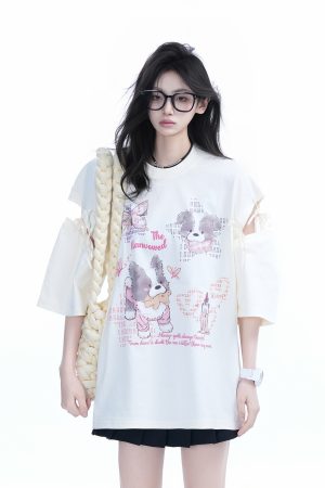 Oversized Cute Bow Half-Sleeve T-Shirt for Women - Sweet Short-Sleeve Tee with Mountain Graphic, Trendy Casual Style
