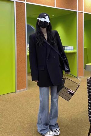 Oversized Gray Blazer for Women - Spring Autumn Casual Korean Style with Shoulder Pads, Loose Fit Design