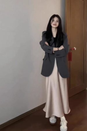 Oversized Gray Blazer for Women - Spring Autumn Casual Korean Style with Shoulder Pads, Loose Fit Design