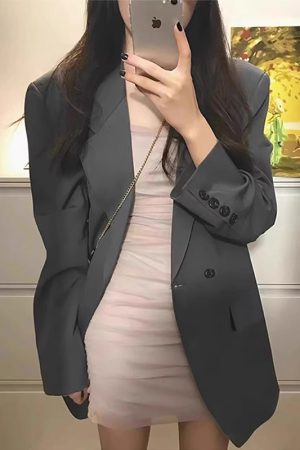 Oversized Gray Blazer for Women - Spring Autumn Casual Korean Style with Shoulder Pads, Loose Fit Design