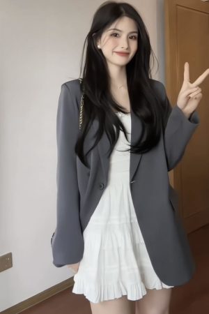 Oversized Gray Blazer for Women - Spring Autumn Casual Korean Style with Shoulder Pads, Loose Fit Design