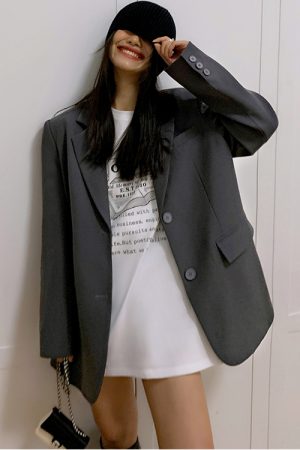 Oversized Gray Suit Jacket for Women, Loose Fit Blazer, Elegant Slimming Design, High-End Street Fashion, 2025 Spring Autumn Collection