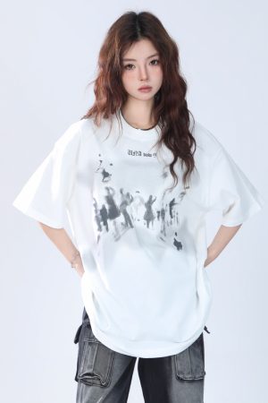 Oversized Hip Hop T-Shirt for Women - Sit and Eat Until the Mountains Are Empty European High Street Style Short Sleeve Top