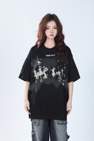 Oversized Hip Hop T-Shirt for Women - Sit and Eat Until the Mountains Are Empty European High Street Style Short Sleeve Top