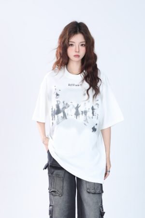 Oversized Hip Hop T-Shirt for Women - Sit and Eat Until the Mountains Are Empty European High Street Style Short Sleeve Top