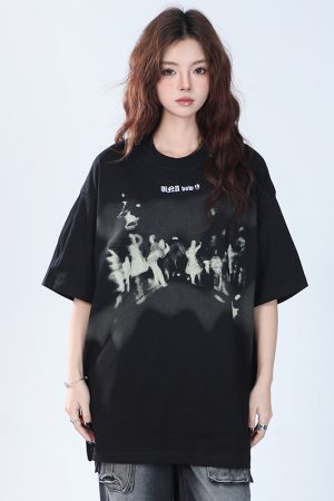 Oversized Hip Hop T-Shirt for Women - Sit and Eat Until the Mountains Are Empty European High Street Style Short Sleeve Top