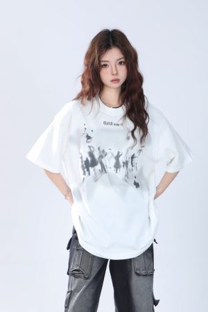 Oversized Hip Hop T-Shirt for Women - Sit and Eat Until the Mountains Are Empty European High Street Style Short Sleeve Top