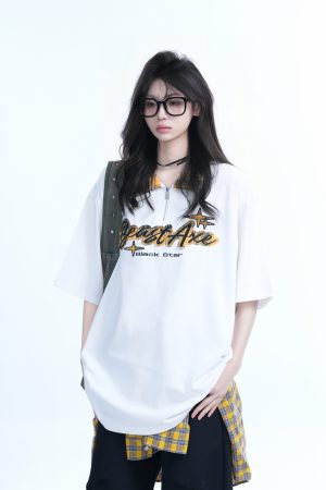 Oversized Loose Plaid Polo T-Shirt for Women - American College Style, Short Sleeve Tee with Casual Comfort and Trendy Design