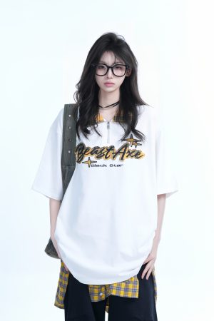 Oversized Loose Plaid Polo T-Shirt for Women - American College Style, Short Sleeve Tee with Casual Comfort and Trendy Design