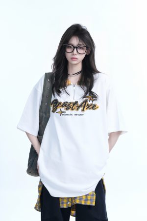 Oversized Loose Plaid Polo T-Shirt for Women - American College Style, Short Sleeve Tee with Casual Comfort and Trendy Design