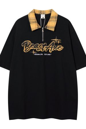 Oversized Loose Plaid Polo T-Shirt for Women - American College Style, Short Sleeve Tee with Casual Comfort and Trendy Design