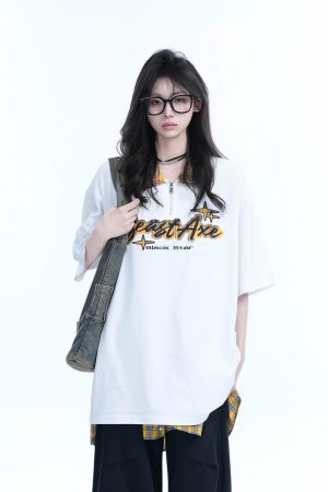 Oversized Loose Plaid Polo T-Shirt for Women - American College Style, Short Sleeve Tee with Casual Comfort and Trendy Design