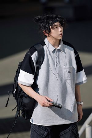 Oversized Men's Patchwork Polo Shirt Sweatshirt - Casual Couples Outfit for Regular Holidays, Sports & Leisure Wear