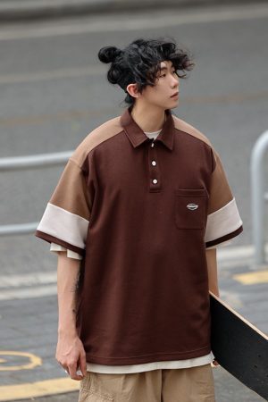 Oversized Men's Patchwork Polo Shirt Sweatshirt - Casual Couples Outfit for Regular Holidays, Sports & Leisure Wear