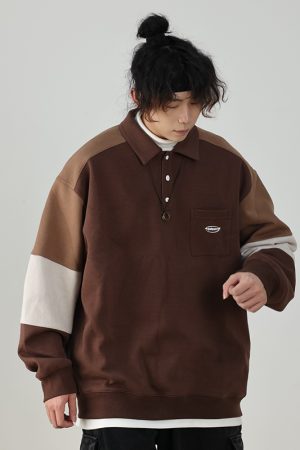 Oversized Men's Patchwork Polo Shirt Sweatshirt - Casual Couples Outfit for Regular Holidays, Sports & Leisure Wear