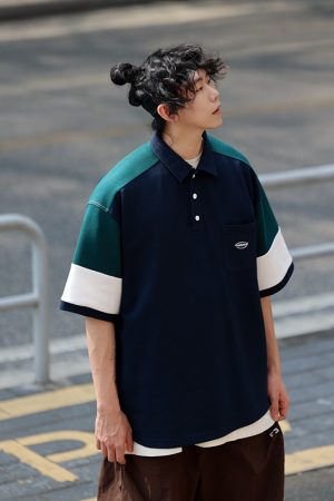 Oversized Men's Patchwork Polo Shirt Sweatshirt - Casual Couples Outfit for Regular Holidays, Sports & Leisure Wear