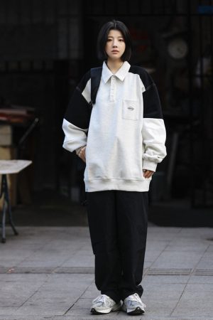 Oversized Men's Patchwork Polo Shirt Sweatshirt - Casual Couples Outfit for Regular Holidays, Sports & Leisure Wear