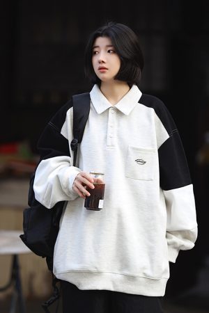 Oversized Men's Patchwork Polo Shirt Sweatshirt - Casual Couples Outfit for Regular Holidays, Sports & Leisure Wear