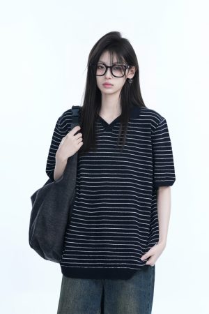 Oversized Retro American-Style Striped Short Sleeve T-Shirt for Women - Heavyweight Casual Fashion Top