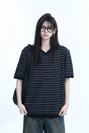 Oversized Retro American-Style Striped Short Sleeve T-Shirt for Women - Heavyweight Casual Fashion Top