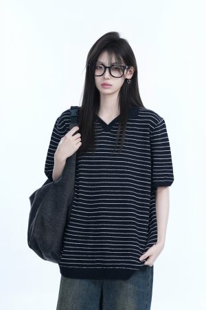 Oversized Retro American-Style Striped Short Sleeve T-Shirt for Women - Heavyweight Casual Fashion Top