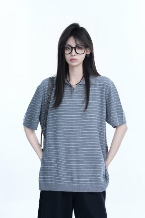 Oversized Retro American-Style Striped Short Sleeve T-Shirt for Women - Heavyweight Casual Fashion Top