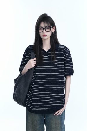Oversized Retro American-Style Striped Short Sleeve T-Shirt for Women - Heavyweight Casual Fashion Top