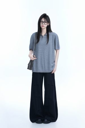 Oversized Retro American-Style Striped Short Sleeve T-Shirt for Women - Heavyweight Casual Fashion Top