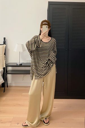 Oversized Striped U-Neck T-Shirt for Women - Sun Grapefruit Color, Thin Long Sleeve, Korean Style Summer Top for Sun Protection