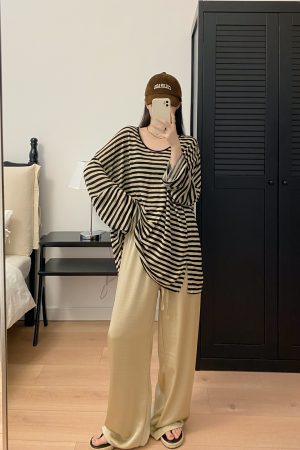 Oversized Striped U-Neck T-Shirt for Women - Sun Grapefruit Color, Thin Long Sleeve, Korean Style Summer Top for Sun Protection
