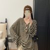 Oversized Striped U-Neck T-Shirt for Women - Sun Grapefruit Color, Thin Long Sleeve, Korean Style Summer Top for Sun Protection