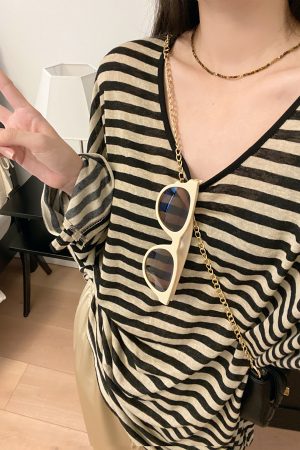 Oversized Striped U-Neck T-Shirt for Women - Sun Grapefruit Color, Thin Long Sleeve, Korean Style Summer Top for Sun Protection