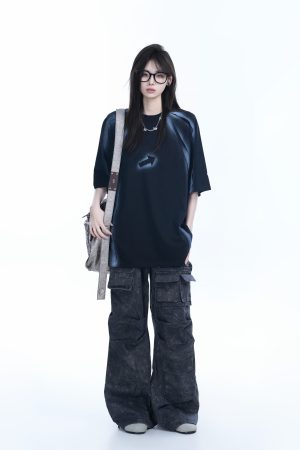 Oversized Tie-Dye Color-Blocking Short Sleeve T-Shirt for Women - Trendy Summer Top, Casual Loose Fit, Y2K Style