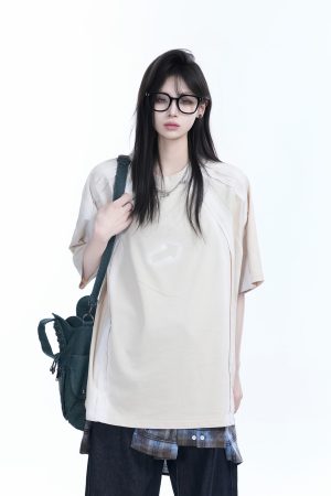 Oversized Tie-Dye Color-Blocking Short Sleeve T-Shirt for Women - Trendy Summer Top, Casual Loose Fit, Y2K Style