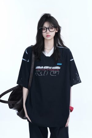 Oversized V-Neck Short Sleeve T-Shirt for Women - American Street Style with Sit and Eat Until the Mountains Are Empty Graphic