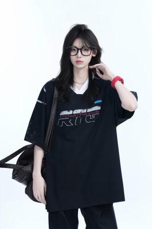 Oversized V-Neck Short Sleeve T-Shirt for Women - American Street Style with Sit and Eat Until the Mountains Are Empty Graphic