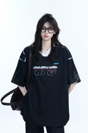 Oversized V-Neck Short Sleeve T-Shirt for Women - American Street Style with Sit and Eat Until the Mountains Are Empty Graphic