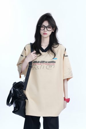 Oversized V-Neck Short Sleeve T-Shirt for Women - American Street Style with Sit and Eat Until the Mountains Are Empty Graphic