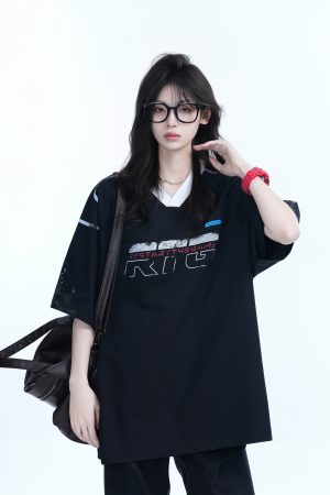 Oversized V-Neck Short Sleeve T-Shirt for Women - American Street Style with Sit and Eat Until the Mountains Are Empty Graphic