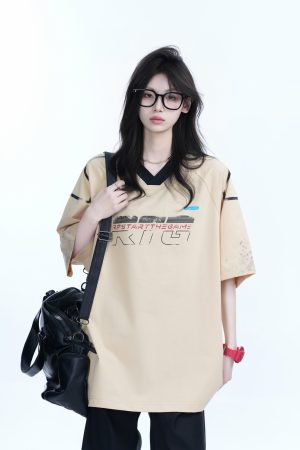 Oversized V-Neck Short Sleeve T-Shirt for Women - American Street Style with Sit and Eat Until the Mountains Are Empty Graphic