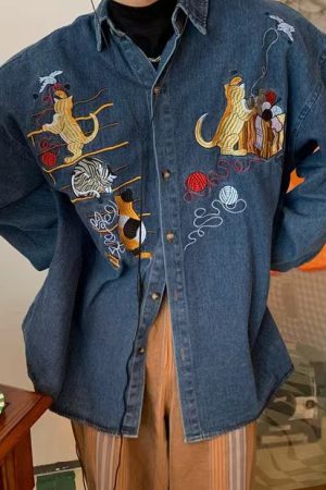 Oversized Vintage Denim Jacket with Cat Embroidery - Autumn 90s Style Fashion Outerwear