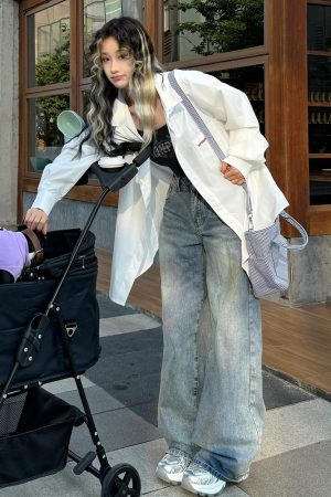 Oversized White Casual Shirt Jacket for Women - Spring Sun Protection, American Street Style, Loose Fit, Lazy Style Fashion Top