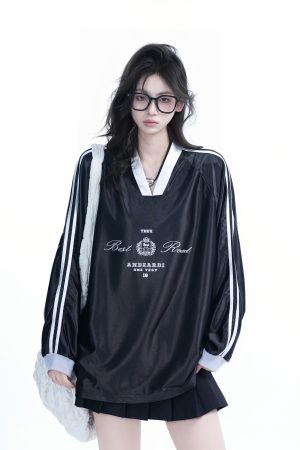 Oversized Women's Color-Blocking Satin Jersey T-Shirt - American Sports Style V-Neck Long Sleeve Trendy Top